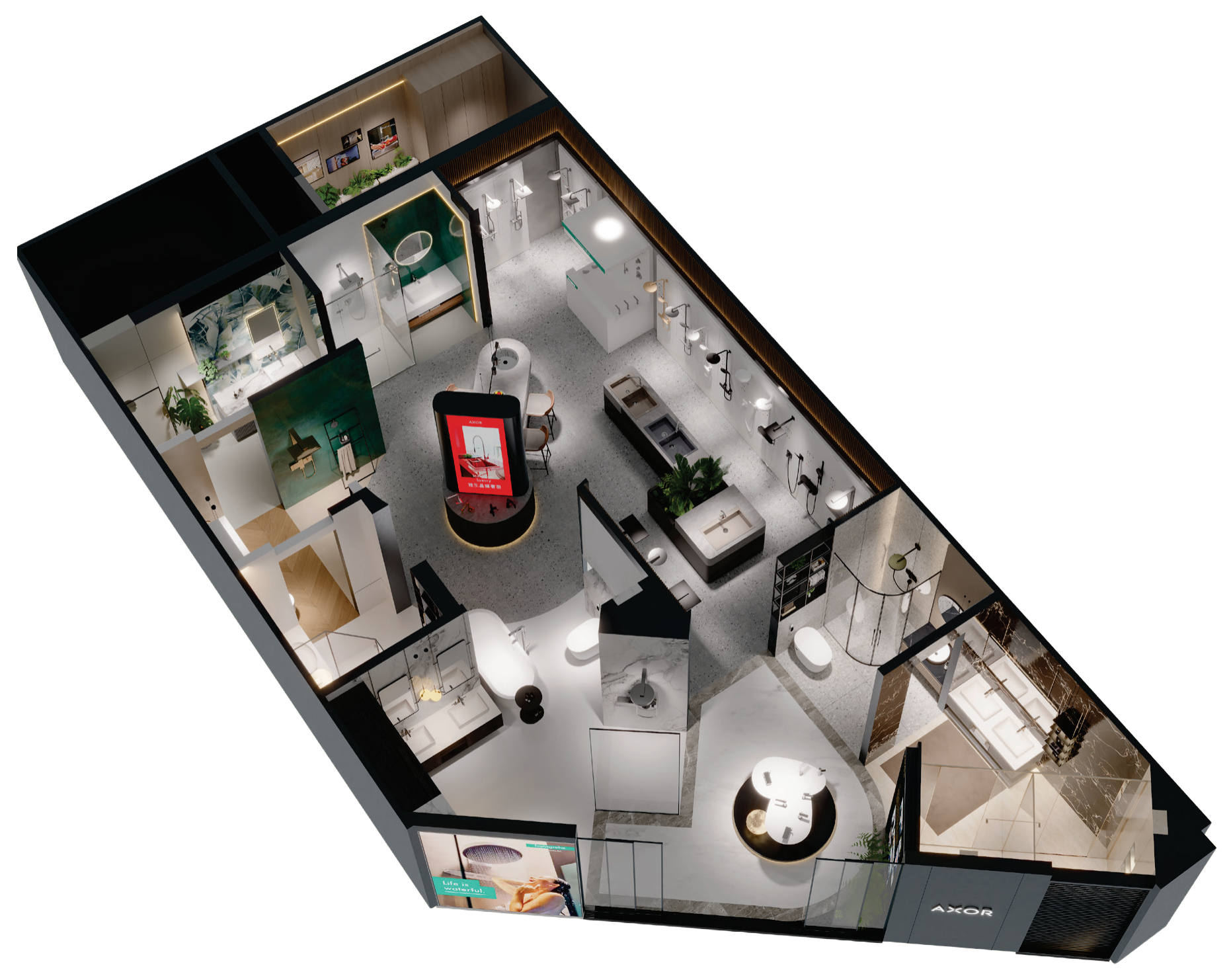 Three-dimensional overview of the hansgrohe and AXOR showroom